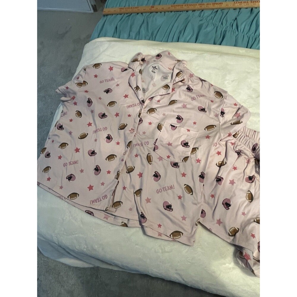 Way To Celebrate! Women's Football Pajama Set Pink M Collared Button